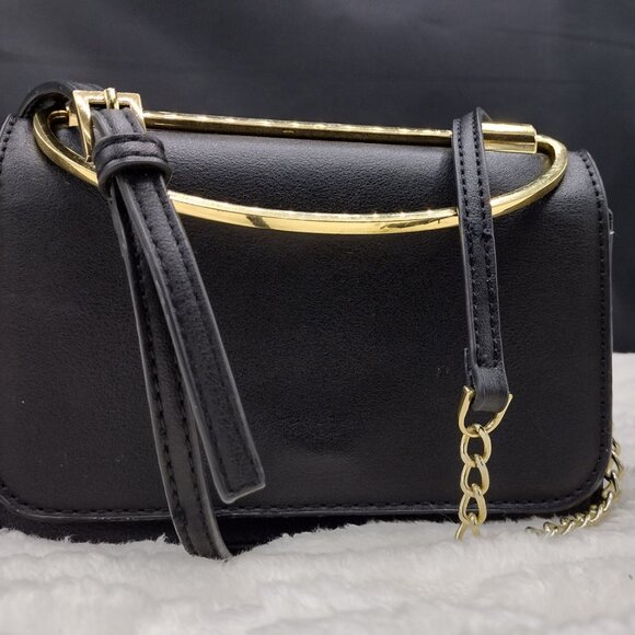 BCBGMAXAZRIA Black Sling / Mini Satchel/Crossbody Bag with Gold Clover Logo - Picture 7 of 8